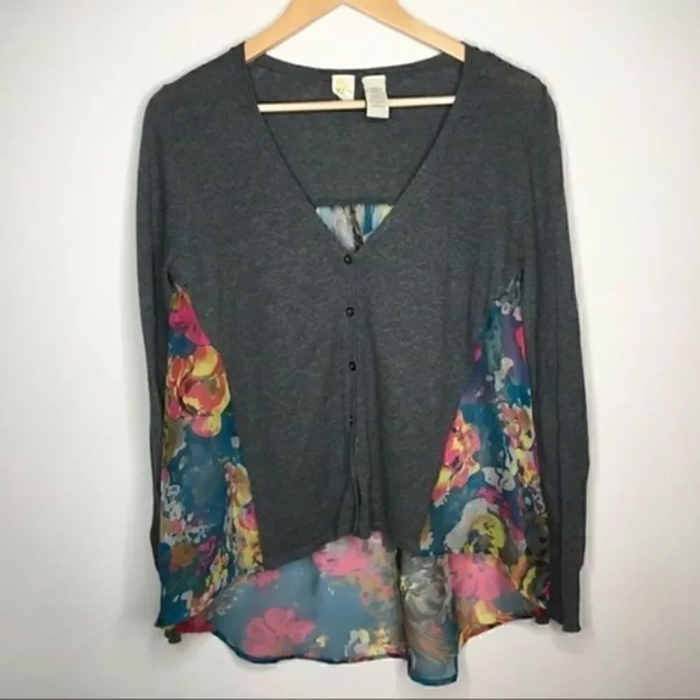 Anthropologie Yellow Bird Gray Floral Cardigan S